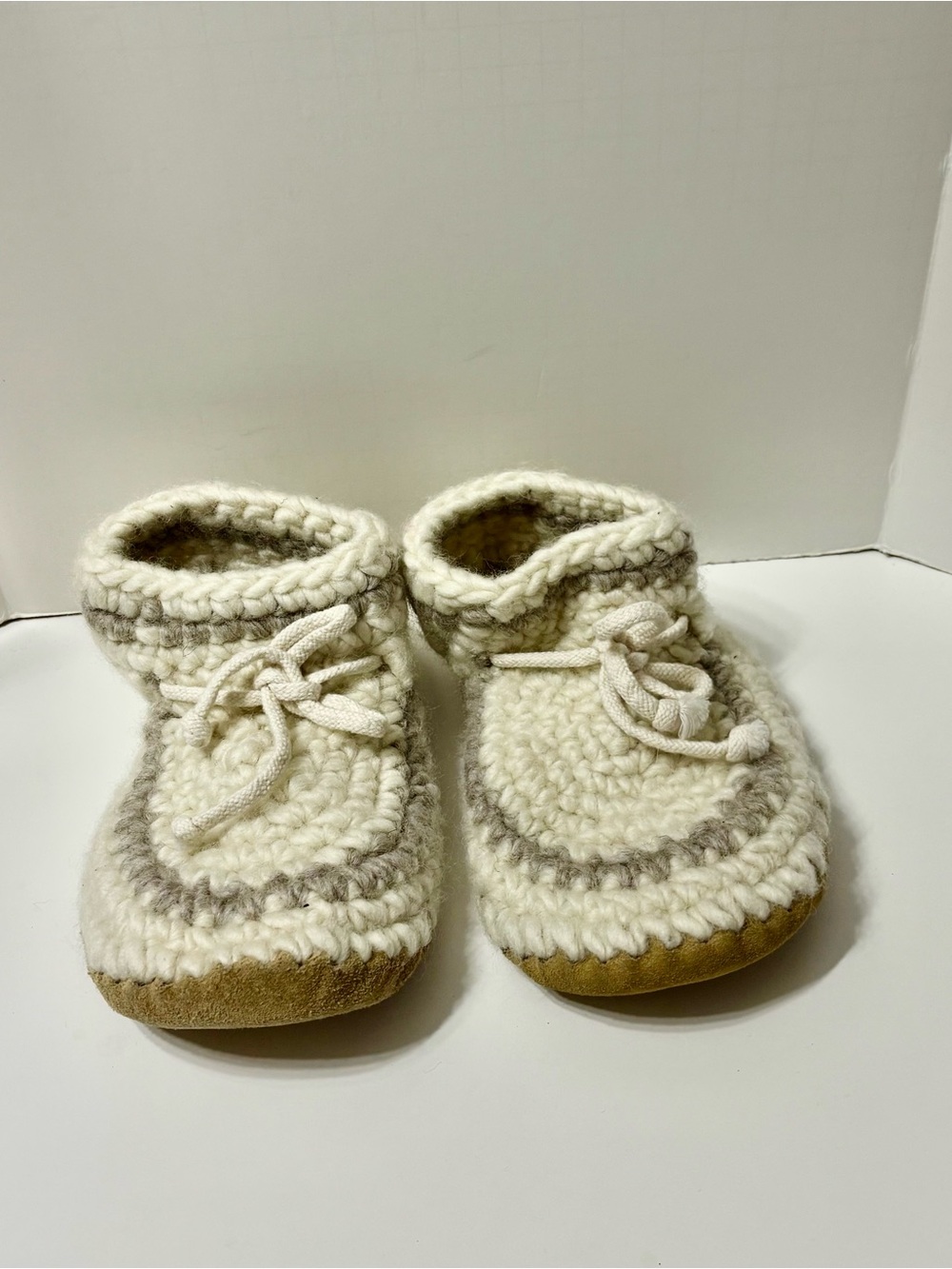 Woman’s Cream Knit Bootie Slippers with Suede Sole